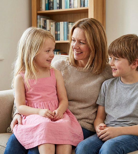 Sarah with Mia and Theo, the two kid testers behind every review